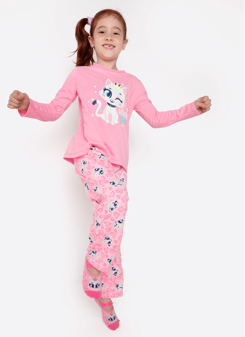 Pijama Manga Longa Algodão Menina Gata Romântica