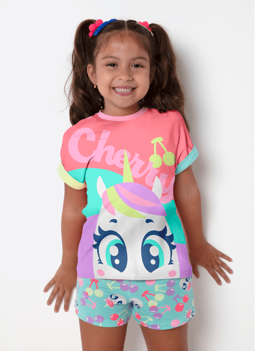 Pijama Manga Curta Viscolycra Menina Unicórnio Cherry