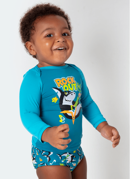 Conjunto Camiseta e Sunga Bebê Menino Tubarão Music