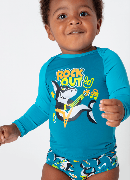 Conjunto Camiseta e Sunga Bebê Menino Tubarão Music