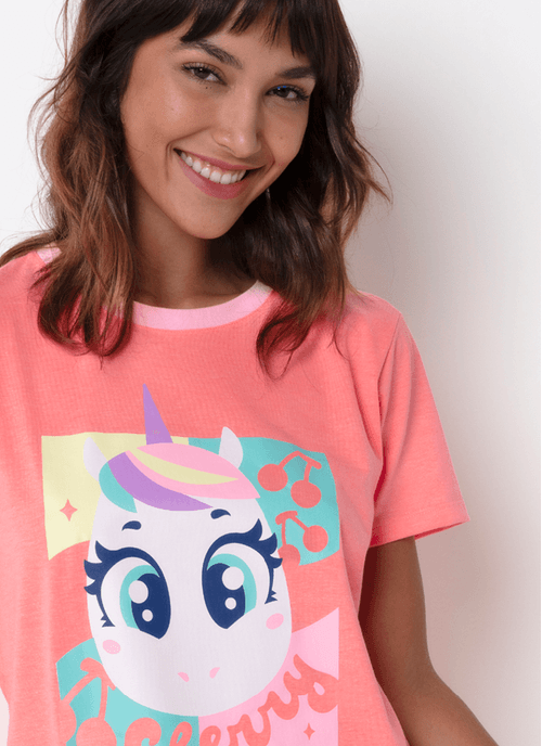 Pijama Manga Curta Algodão Feminino Unicórnio Cherry
