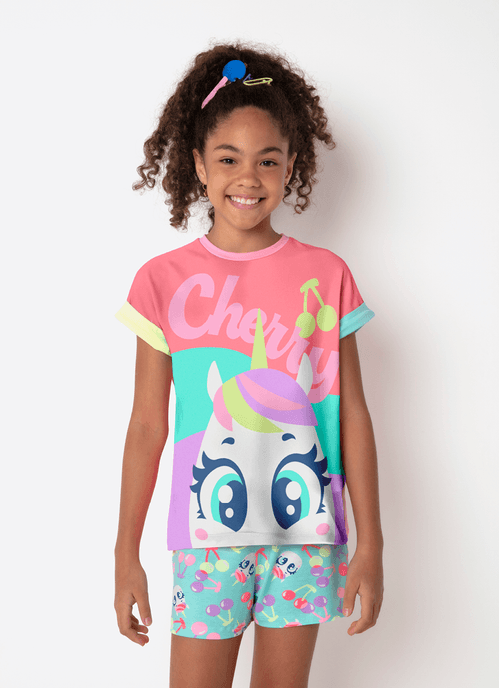 Pijama Manga Curta Viscolycra Menina Teen Unicórnio Cherry