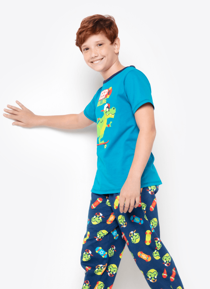 Pijama-Manga-Curta-Algodao-Menino-Dinossauro-Skate
