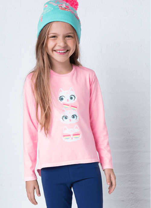Camiseta Manga Longa Algodão Menina Gata Summer