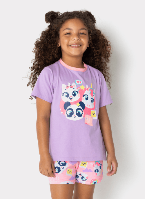 Pijama Manga Curta Algodão Menina Multibichos