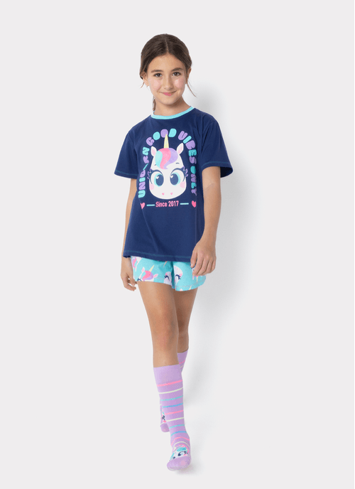 Pijama Manga Curta Algodão Menina Teen Unicórnio