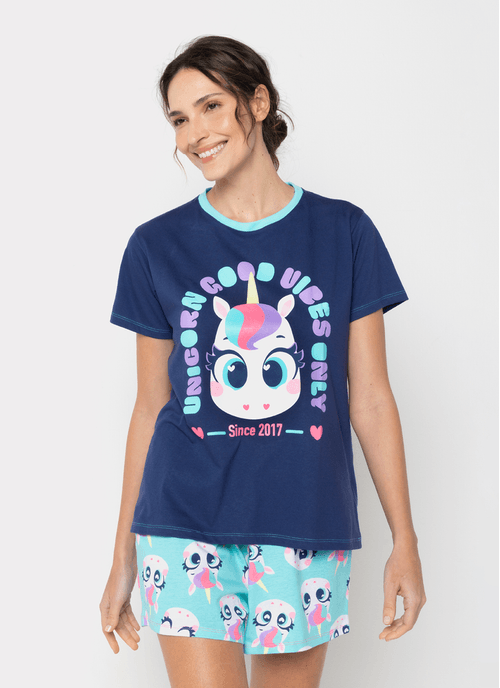 Pijama Manga Curta Algodão Feminino Unicórnio