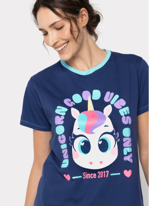 Pijama Manga Curta Algodão Feminino Unicórnio