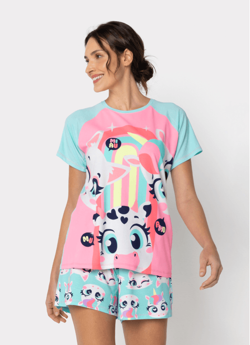 Pijama Manga Curta Viscolycra Feminino Multibichos