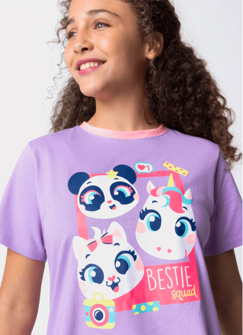 Camisola Manga Curta Algodão Menina Teen Multibichos Best Friend