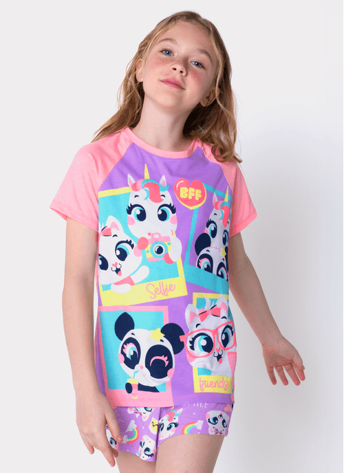 Pijama Manga Curta Viscolycra Menina Teen Multibichos Best Friend