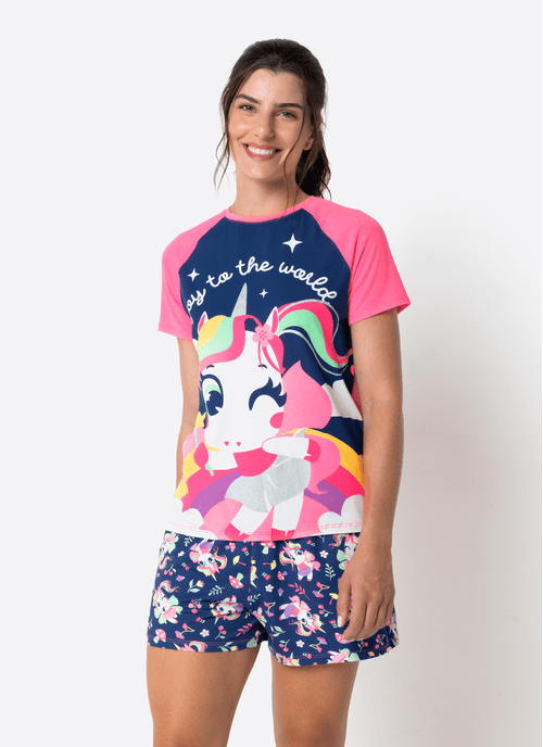 Pijama Manga Curta Feminino Estampado Unicórnio Encantado