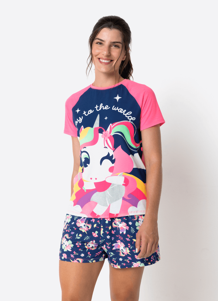 Pijama-Manga-Curta-Feminino-Estampado-Unicornio-Encantado
