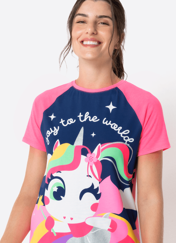 Pijama-Manga-Curta-Feminino-Estampado-Unicornio-Encantado