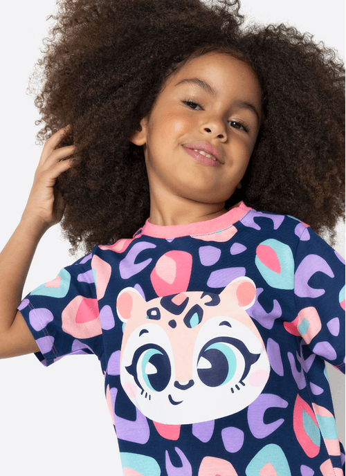 Camisola Manga Curta Algodão Menina Onça
