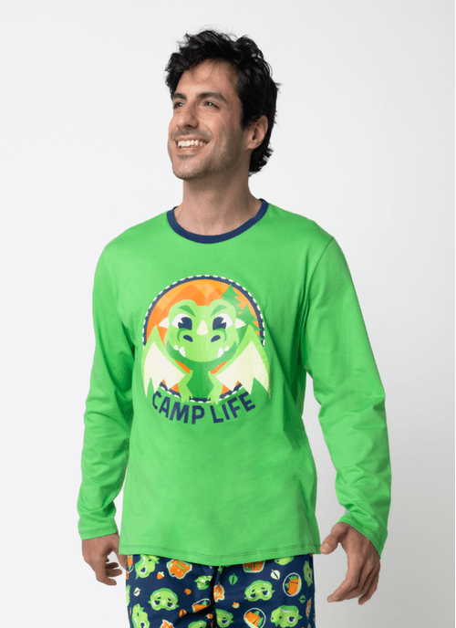 Pijama Manga Longa Algodão Masculino Dragão Camping