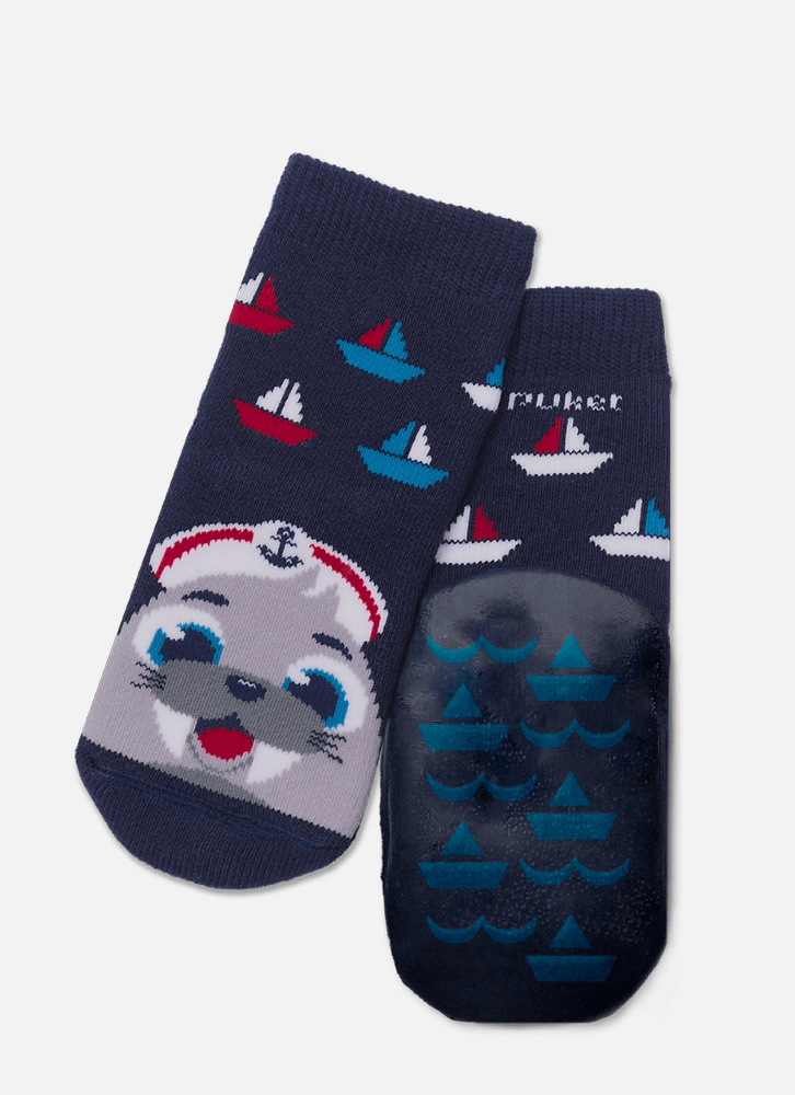 Meia-Soquete-Com-Sola-Emborrachada-Bebe-Menino-Foca-Marinheira