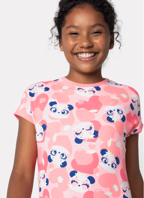 Camisola Manga Curta Viscolycra Menina Teen Panda Romântico