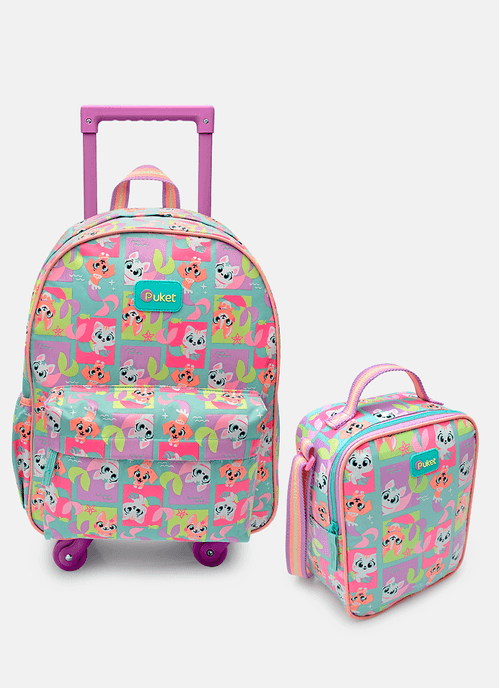 Kit Mochila com Rodinha e Lancheira Pet Sereia