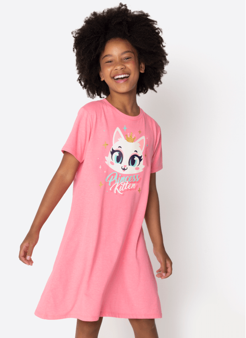 Camisola Manga Curta Algodão Menina Teen Gata