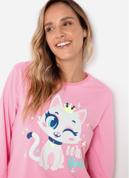 Pijama Manga Longa Feminino Gata Romântica