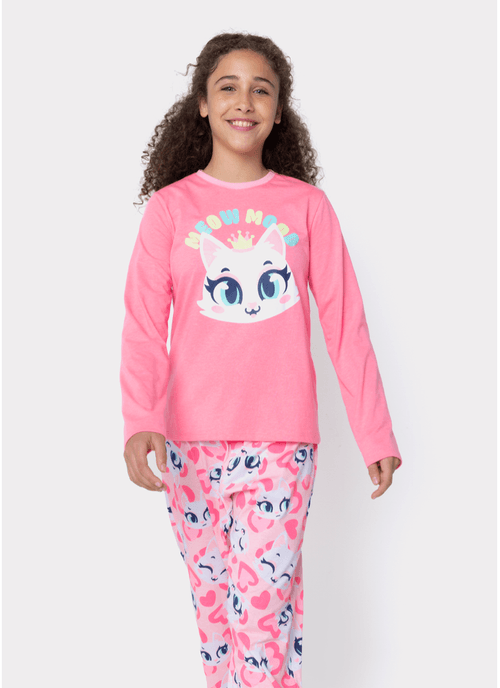 Pijama Manga Longa Menina Teen Gata