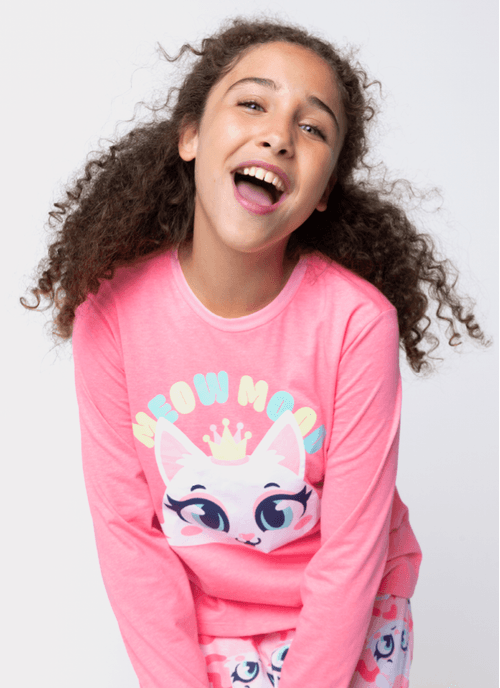 Pijama Manga Longa Menina Teen Gata