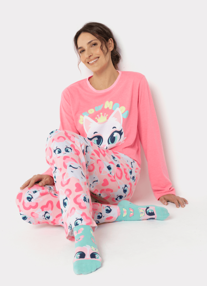 Pijama-Manga-Longa-Feminino-Gata