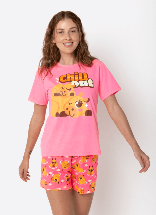 Pijama Manga Curta Feminino Capivara Vibes