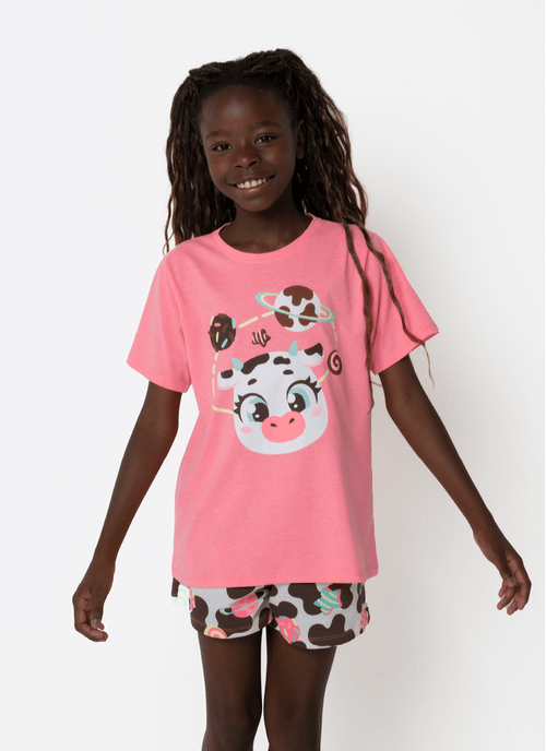 Pijama Manga Curta Menina Teen Vaca Chocolate
