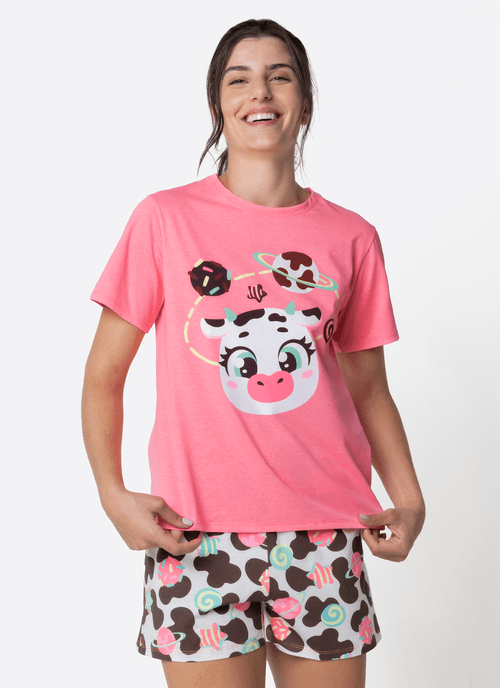 Pijama Manga Curta Feminino Vaca Chocolate