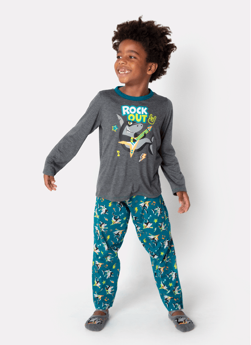 Pijama Manga Longa Menino Tubarão Rockstar