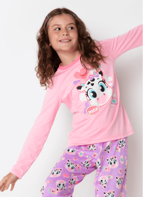 Pijama Manga Longa Menina Teen Vaca Patches