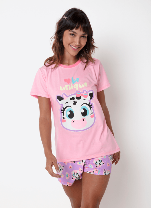 Pijama Manga Curta Feminino Vaca Patches
