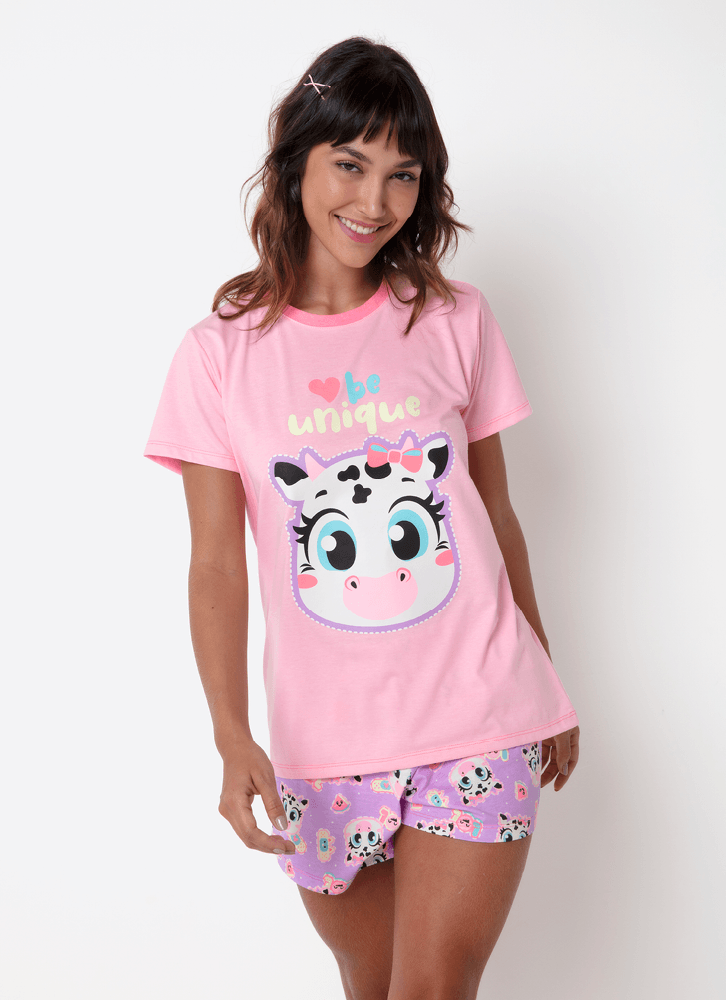 Pijama-Manga-Curta-Feminino-Vaca-Patches