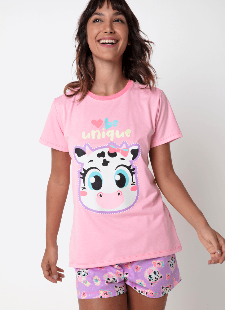 Pijama-Manga-Curta-Feminino-Vaca-Patches