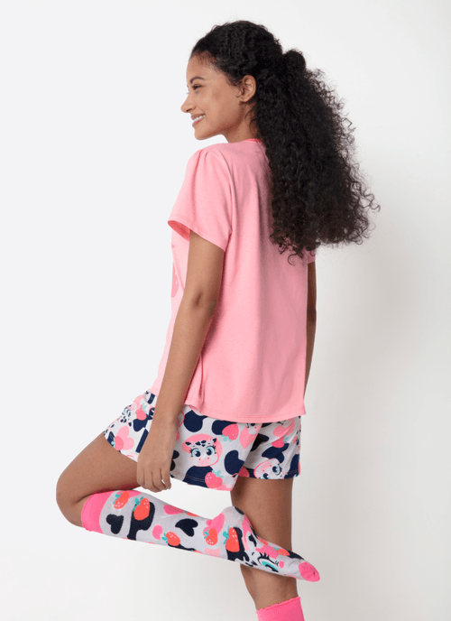 Pijama Manga Curta Feminino Vaca Romântica