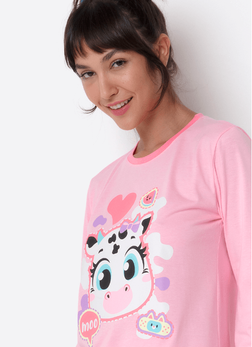 Pijama Manga Longa Feminino Vaca Patches