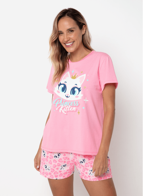 Pijama Manga Curta Feminino Gata Romântica