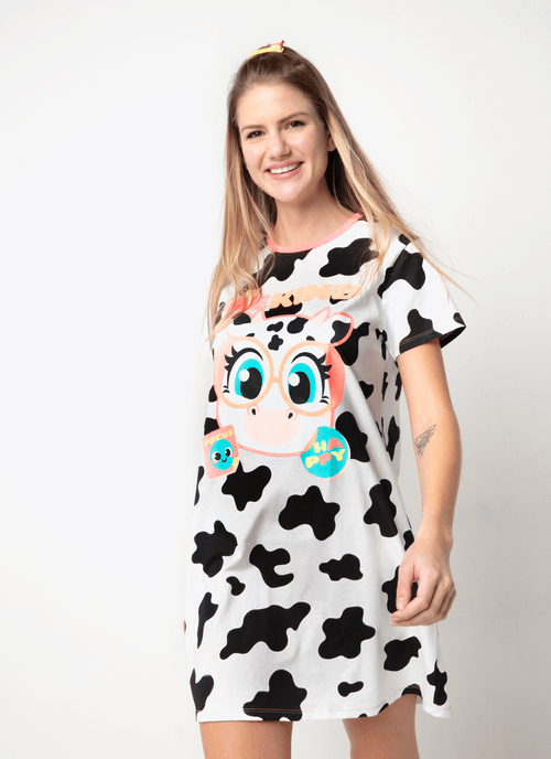 Camisola Manga Curta Algodão Feminino Vaca Colorful
