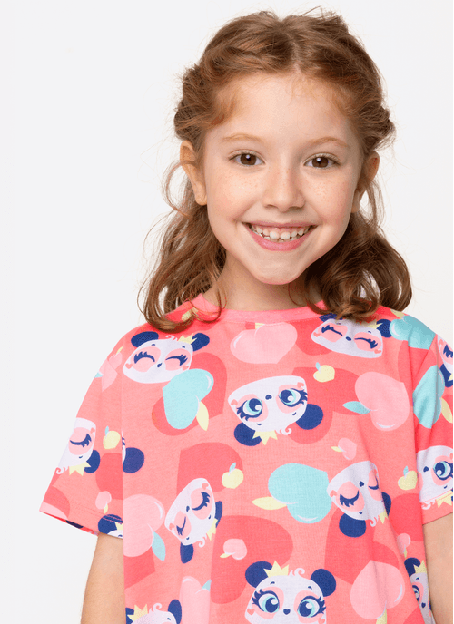 Camisola Manga Curta Algodão Menina Panda Romântico