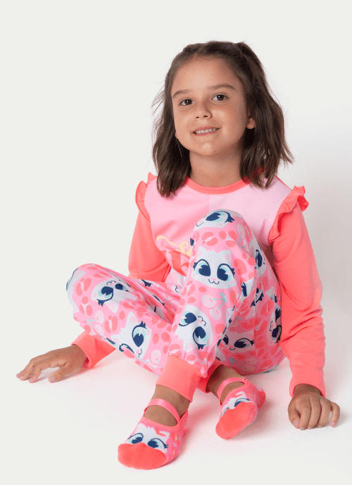 Pijama Manga Longa Viscolycra Menina Gata Cereja