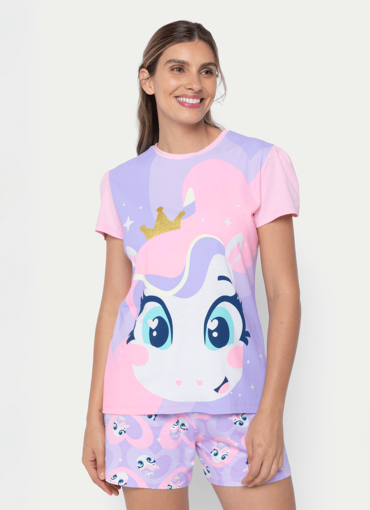 Pijama-Manga-Curta-Viscolycra-Feminino-Unicornio-Diamante