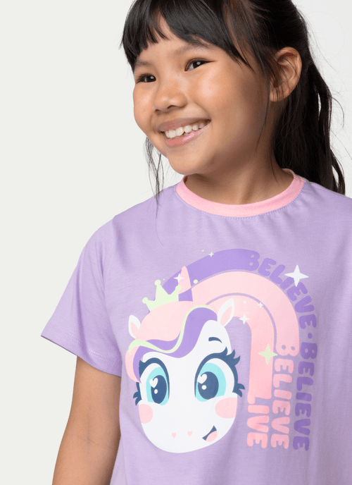 Camisola Manga Curta Algodão Menina Unicórnio Diamante