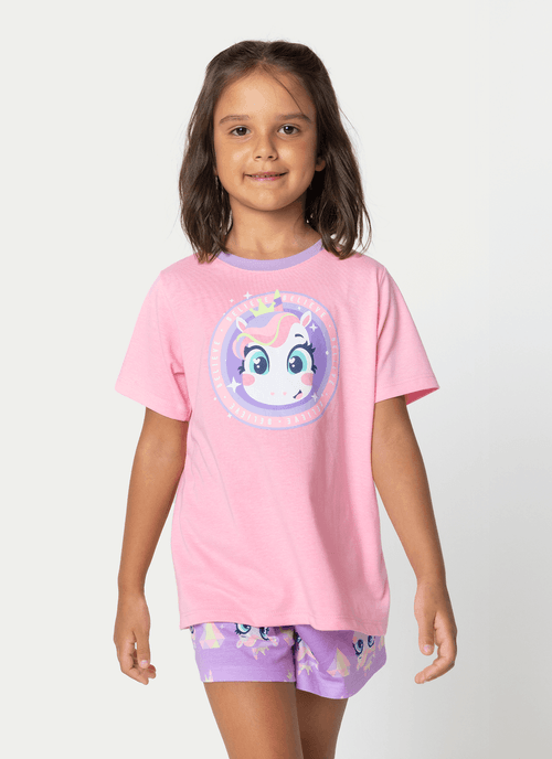 Pijama Manga Curta Menina Unicórnio Diamante
