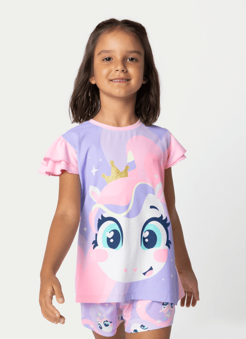 Pijama Manga Curta Viscolycra Menina Unicórnio Diamante