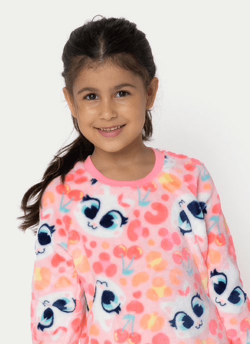 Pijama Manga Longa Soft Menina Gata Cereja