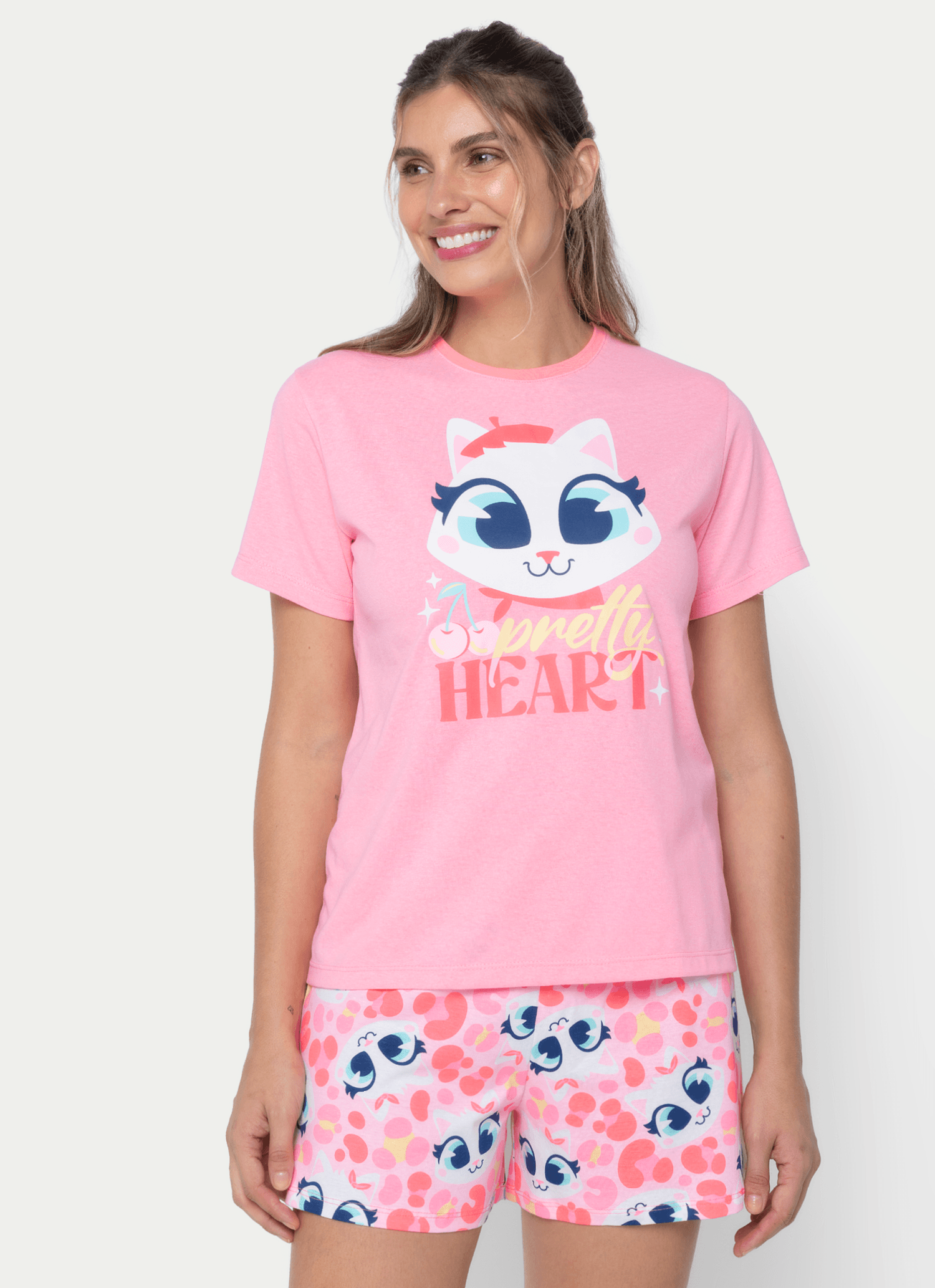 Pijama-Manga-Curta-Feminino-Gata-Cereja
