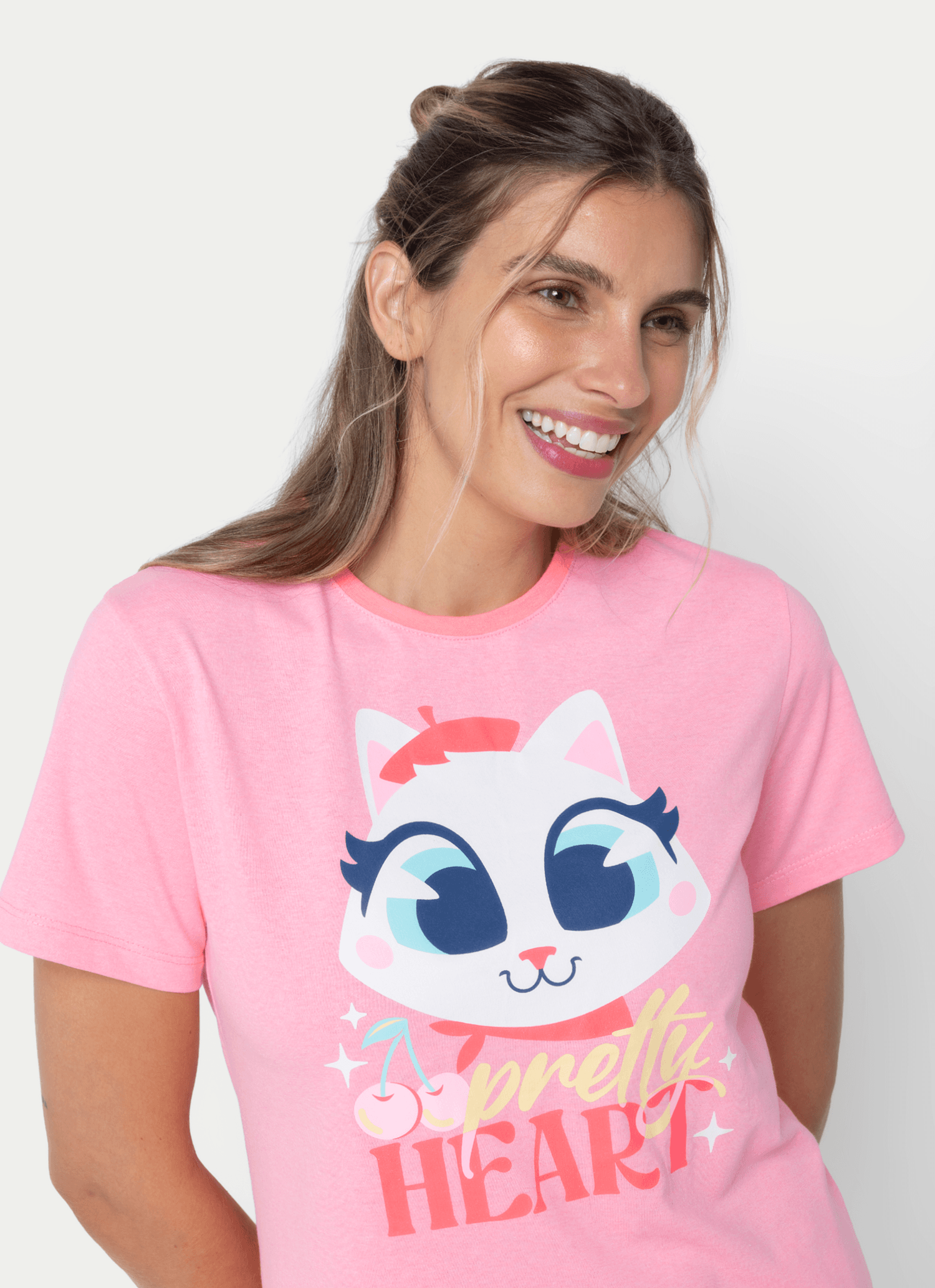 Pijama-Manga-Curta-Feminino-Gata-Cereja