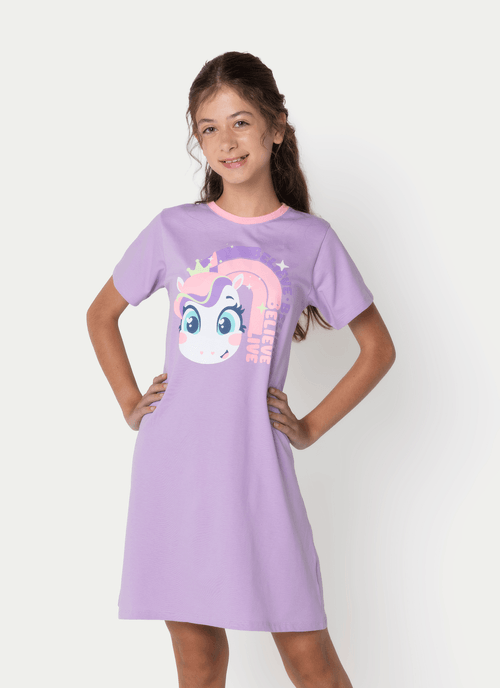 Camisola Manga Curta Algodão Menina Teen Unicórnio Diamante